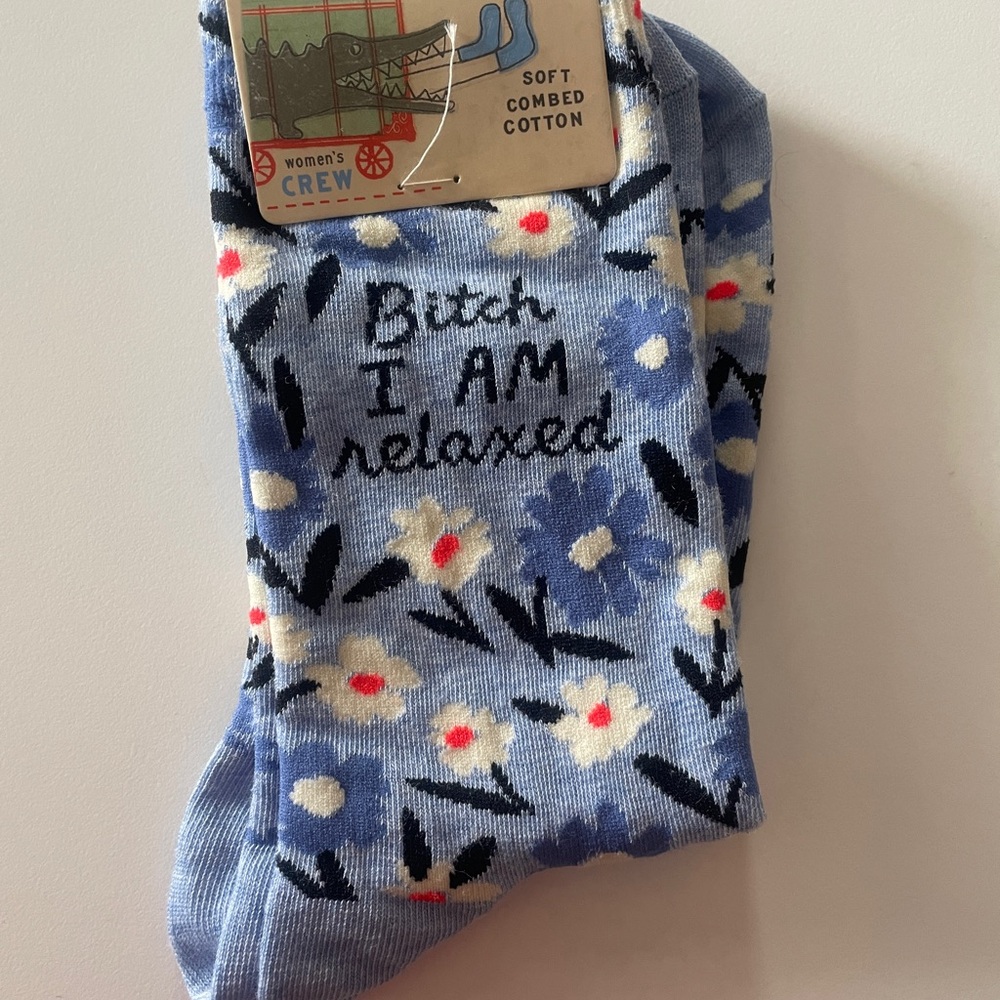 Blue Q Women's Crew Socks - Blue with Floral Design
